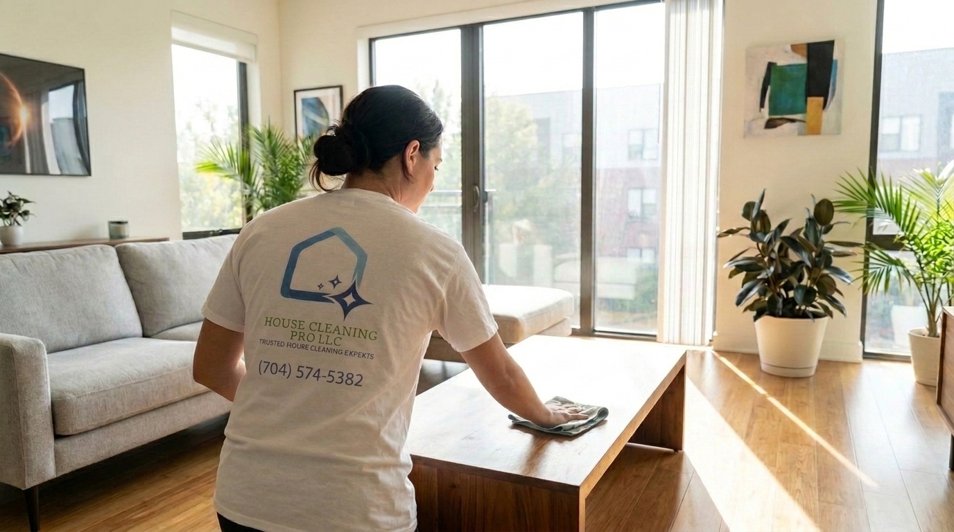 House Cleaning Pro team member cleaning a bright modern Charlotte home